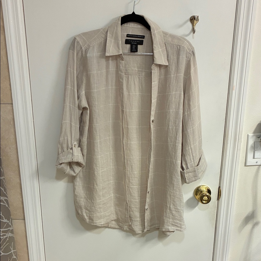 Tahari Beige Button Down 100% Linen Shirt Sz M
